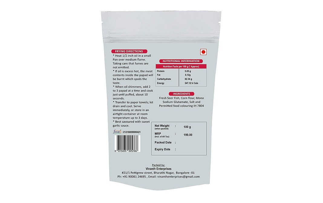 Vinanth Enterprises Seer Fish Pappad    Pack  100 grams